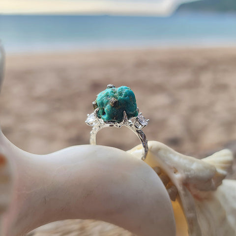 Raw Turquoise with Pyrite and Sapphire Ring