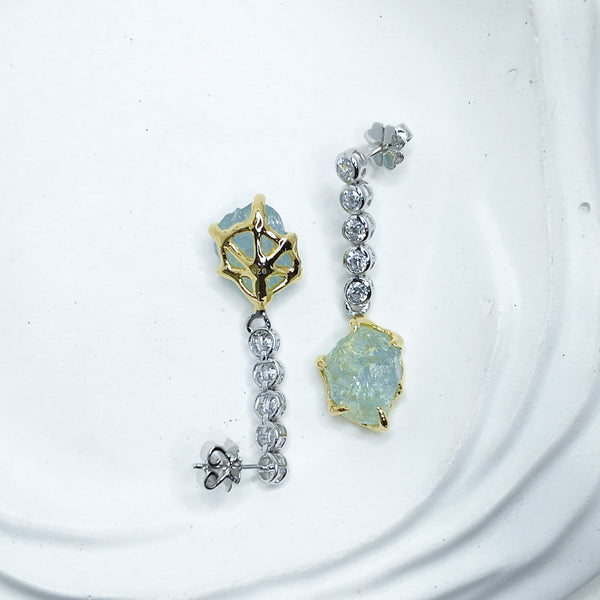 Raw Aquamarine Tow Tones Drop Earrings