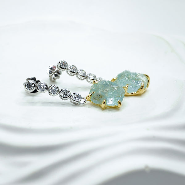 Raw Aquamarine Tow Tones Drop Earrings