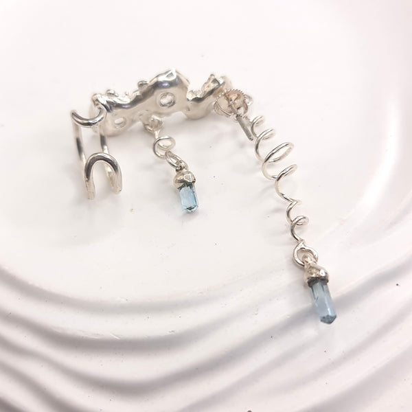 Sea Flowers and Pointed Aquamarine Crystals Earring Cuff