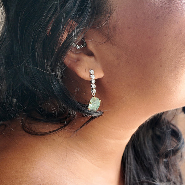 Raw Aquamarine Tow Tones Drop Earrings