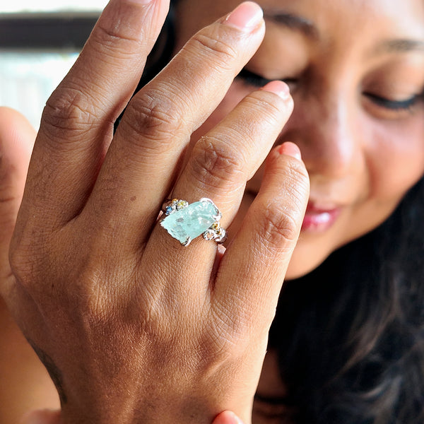 Raw Aquamarine and Sapphire Two Tones Bubbles Ring