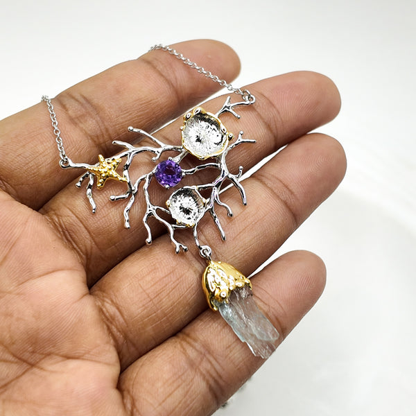 Fancy Coral Raw Aquamarine and Amethyst Two Tones Necklace