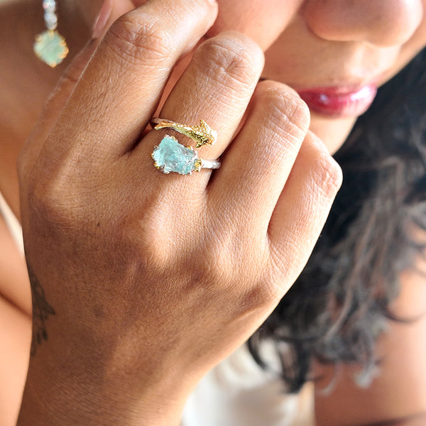 Baby Whale Shark and Raw Aquamarine Two Tones Open Ring