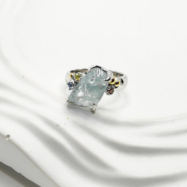 Raw Aquamarine and Sapphire Two Tones Bubbles Ring