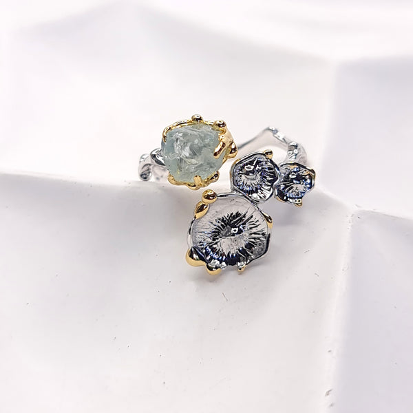 Sea Flowers and Raw Aquamarine Open Ring