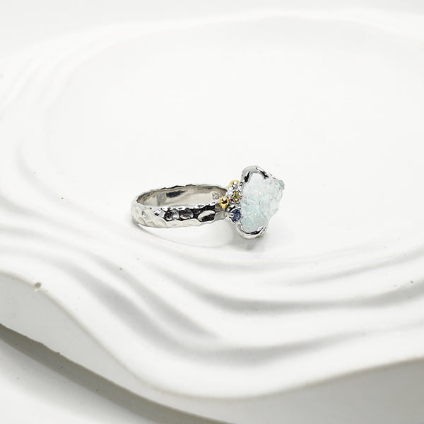 Raw Aquamarine and Sapphire Two Tones Bubbles Ring