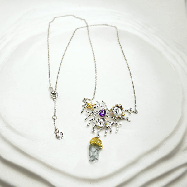 Fancy Coral Raw Aquamarine and Amethyst Two Tones Necklace