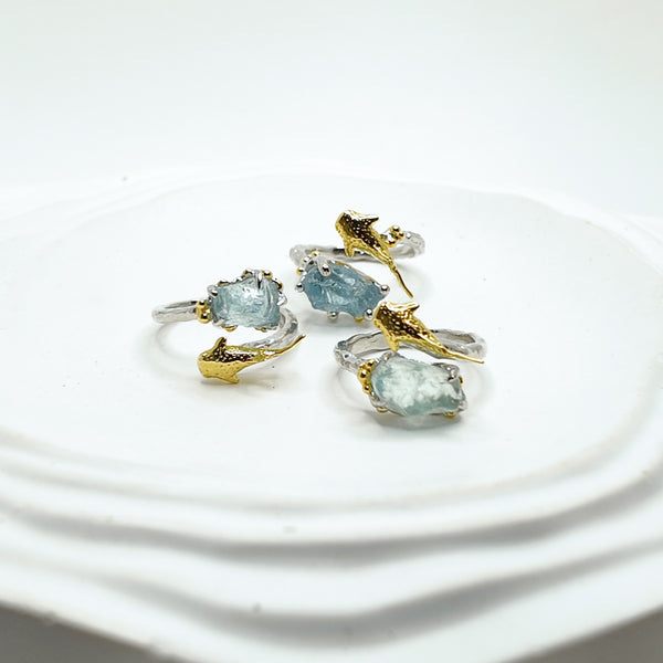 Baby Whale Shark and Raw Aquamarine Two Tones Open Ring