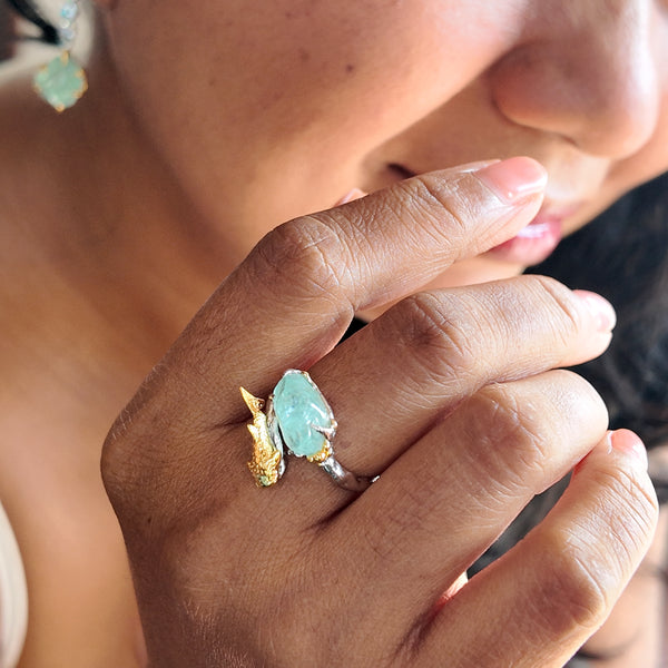 Baby Whale Shark and Raw Aquamarine Two Tones Open Ring