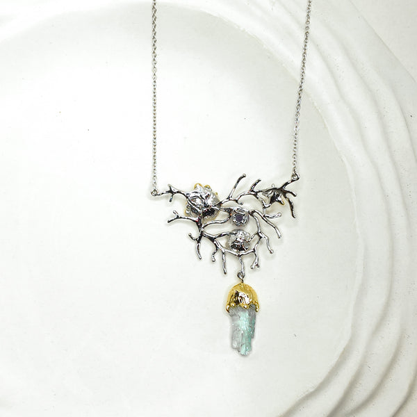 Fancy Coral Raw Aquamarine and Amethyst Two Tones Necklace