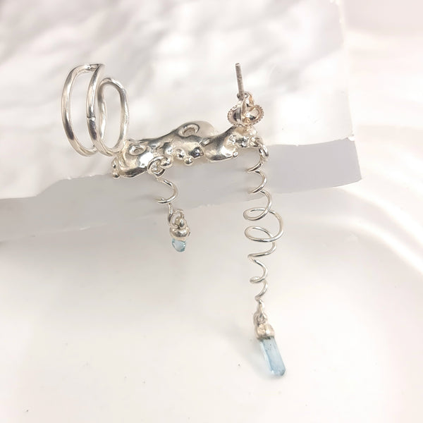 Sea Flowers and Pointed Aquamarine Crystals Earring Cuff