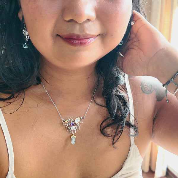 Fancy Coral Raw Aquamarine and Amethyst Two Tones Necklace