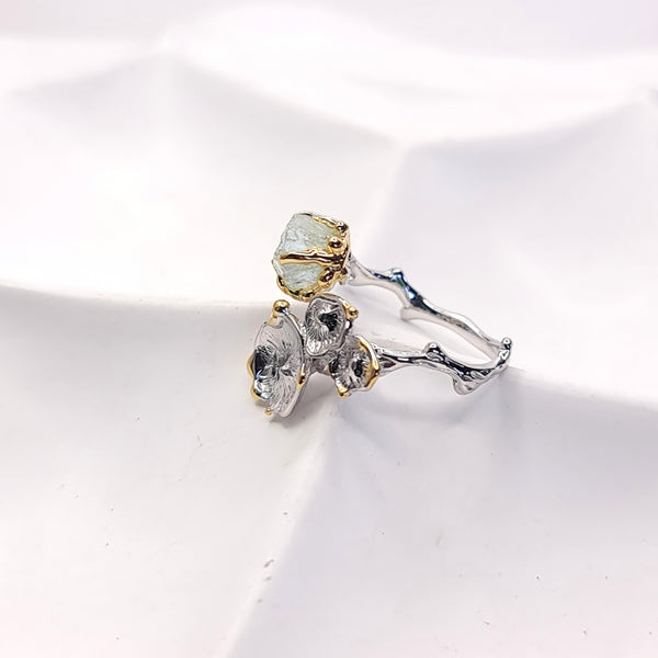 Sea Flowers and Raw Aquamarine Open Ring