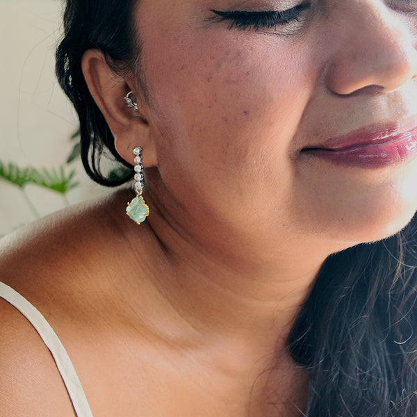 Raw Aquamarine Tow Tones Drop Earrings