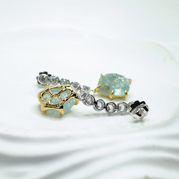 Raw Aquamarine Tow Tones Drop Earrings