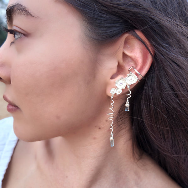 Sea Flowers and Pointed Aquamarine Crystals Earring Cuff