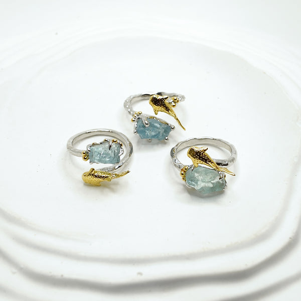 Baby Whale Shark and Raw Aquamarine Two Tones Open Ring