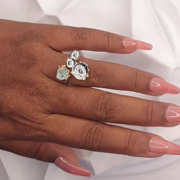 Sea Flowers and Raw Aquamarine Open Ring