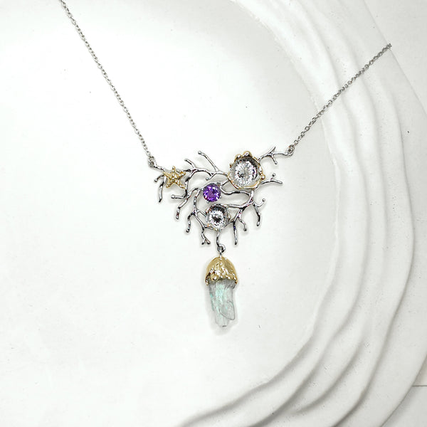 Fancy Coral Raw Aquamarine and Amethyst Two Tones Necklace