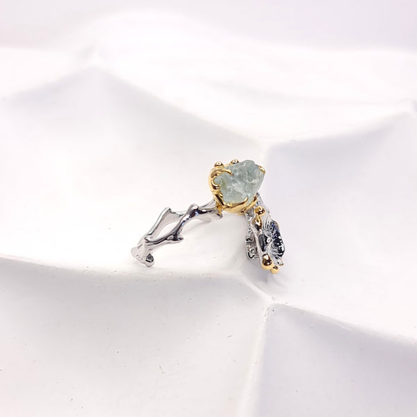 Sea Flowers and Raw Aquamarine Open Ring