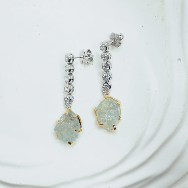 Raw Aquamarine Tow Tones Drop Earrings