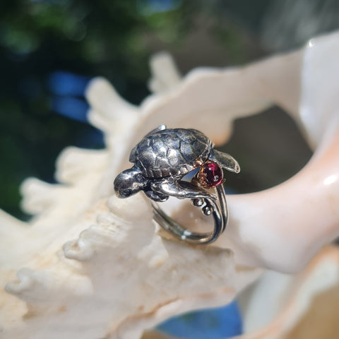 Turtle and Garnet Wave Ring