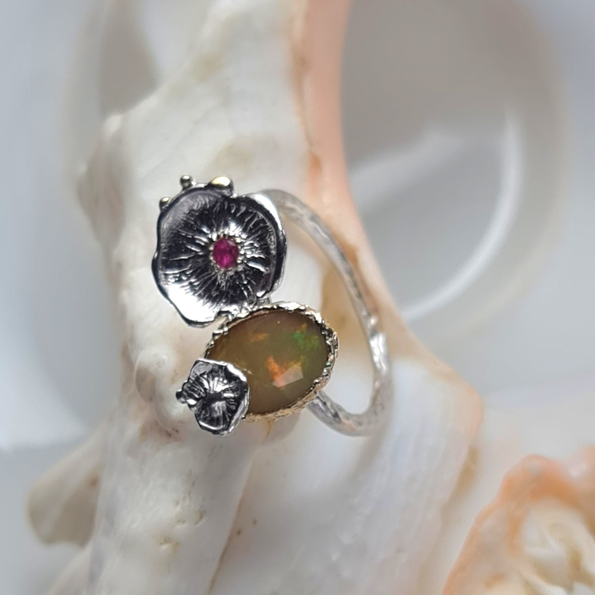 Sea Flowers and Ethiopian Opal and Ruby Ring