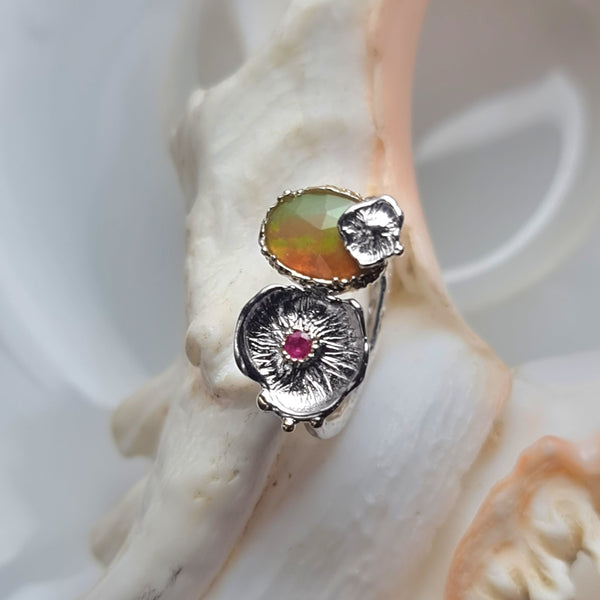 Sea Flowers and Ethiopian Opal and Ruby Ring