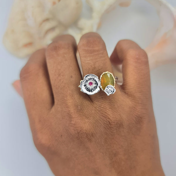 Sea Flowers and Ethiopian Opal and Ruby Ring