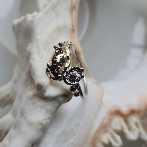 Bella Nudibranch with Sea Flowers, Bubbles and Pink Tourmaline Two Tones Ring