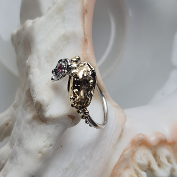 Bella Nudibranch with Sea Flowers, Bubbles and Pink Tourmaline Two Tones Ring