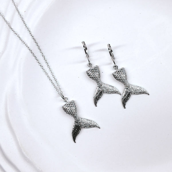 Mermaid Tail Solid Silver Necklace and Drop Earrings