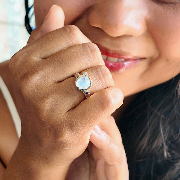 Moonstone and Sapphire Bubble Two Tones Ring