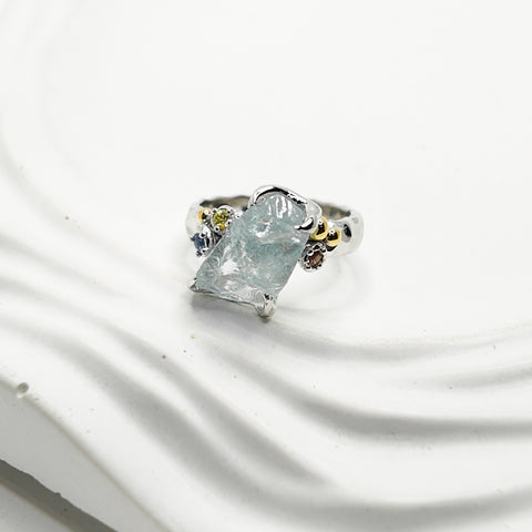 Raw Aquamarine and Sapphire Two Tones Bubbles Ring