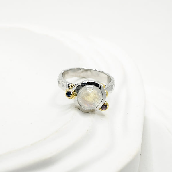 Moonstone and Sapphire Bubble Two Tones Ring
