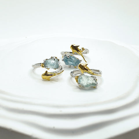 Baby Whale Shark and Raw Aquamarine Two Tones Open Ring