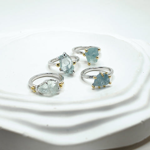 Raw Aquamarine and Bubbles Two Tones Ring