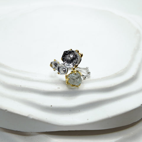 Sea Flowers and Raw Aquamarine Two Tones Open Ring