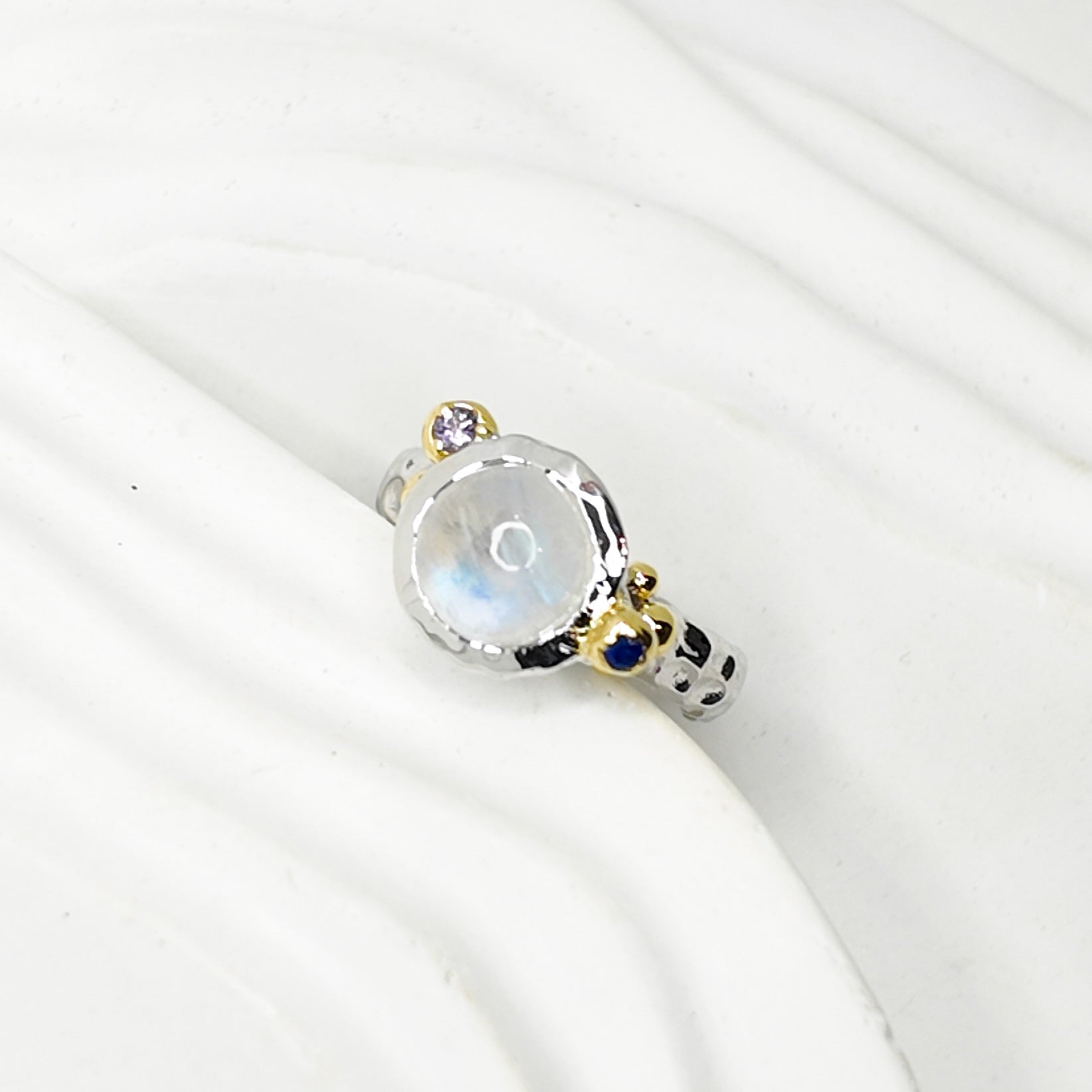 Moonstone and Sapphire Bubble Two Tones Ring