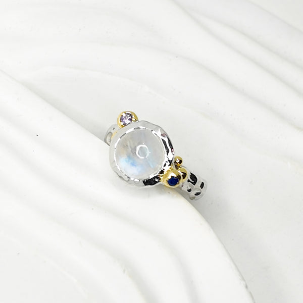 Moonstone and Sapphire Bubble Two Tones Ring