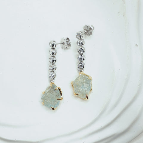 Raw Aquamarine Tow Tones Drop Earrings