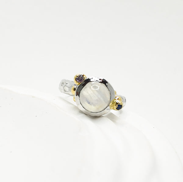Moonstone and Sapphire Bubble Two Tones Ring